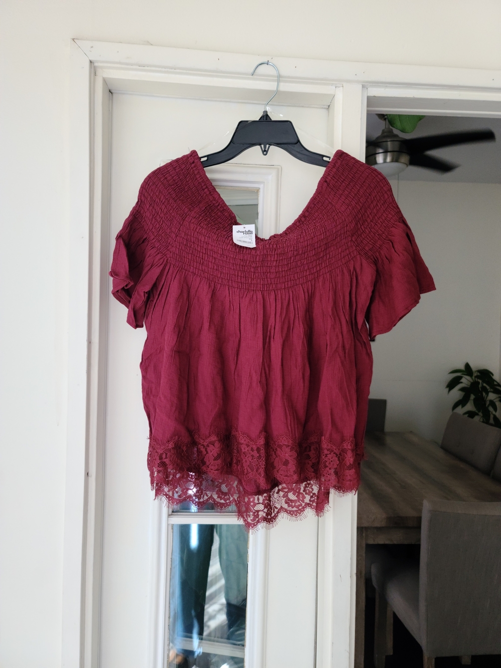 Charlotte Russe Burgundy Smocked Lace-Hem Peasant Top